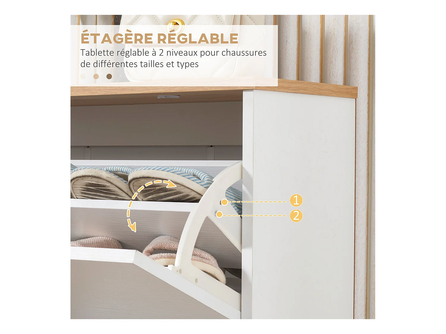 Meuble à chaussures design scandinave 3 portes abattantes 3 étagères réglables bois pin panneaux blanc