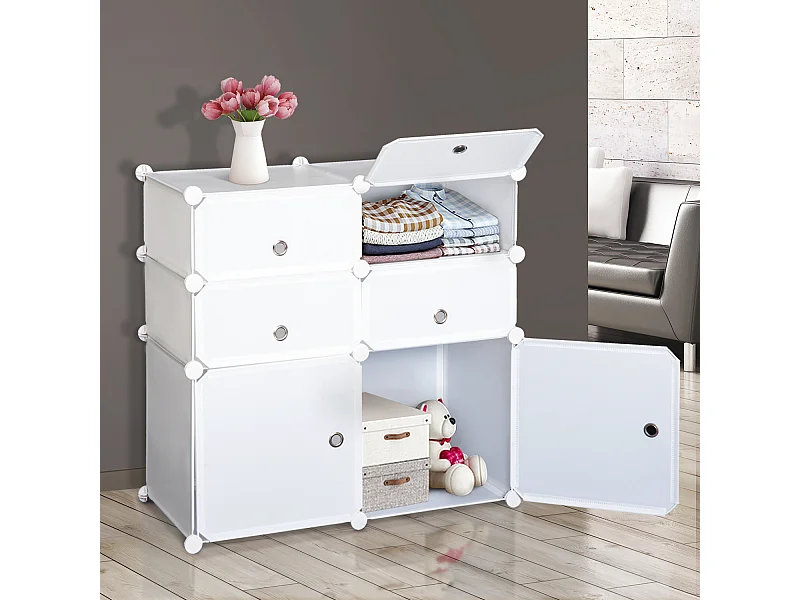Armoire étagère à chaussures 3 niveaux 6 compartiments plastique + autocollants décoratifs 75L x 37l x 73H cm blanc