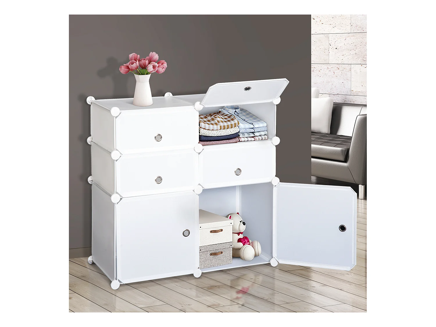 Armoire étagère à chaussures 3 niveaux 6 compartiments plastique + autocollants décoratifs 75L x 37l x 73H cm blanc