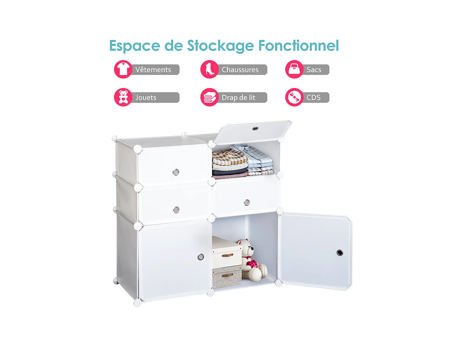 Armoire étagère à chaussures 3 niveaux 6 compartiments plastique + autocollants décoratifs 75L x 37l x 73H cm blanc
