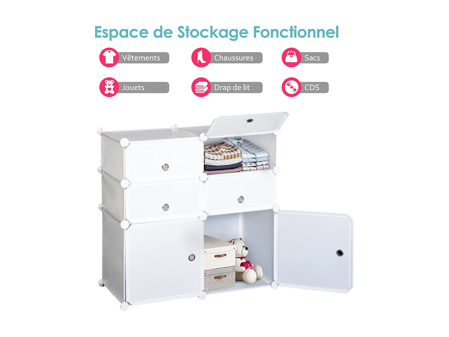 Armoire étagère à chaussures 3 niveaux 6 compartiments plastique + autocollants décoratifs 75L x 37l x 73H cm blanc