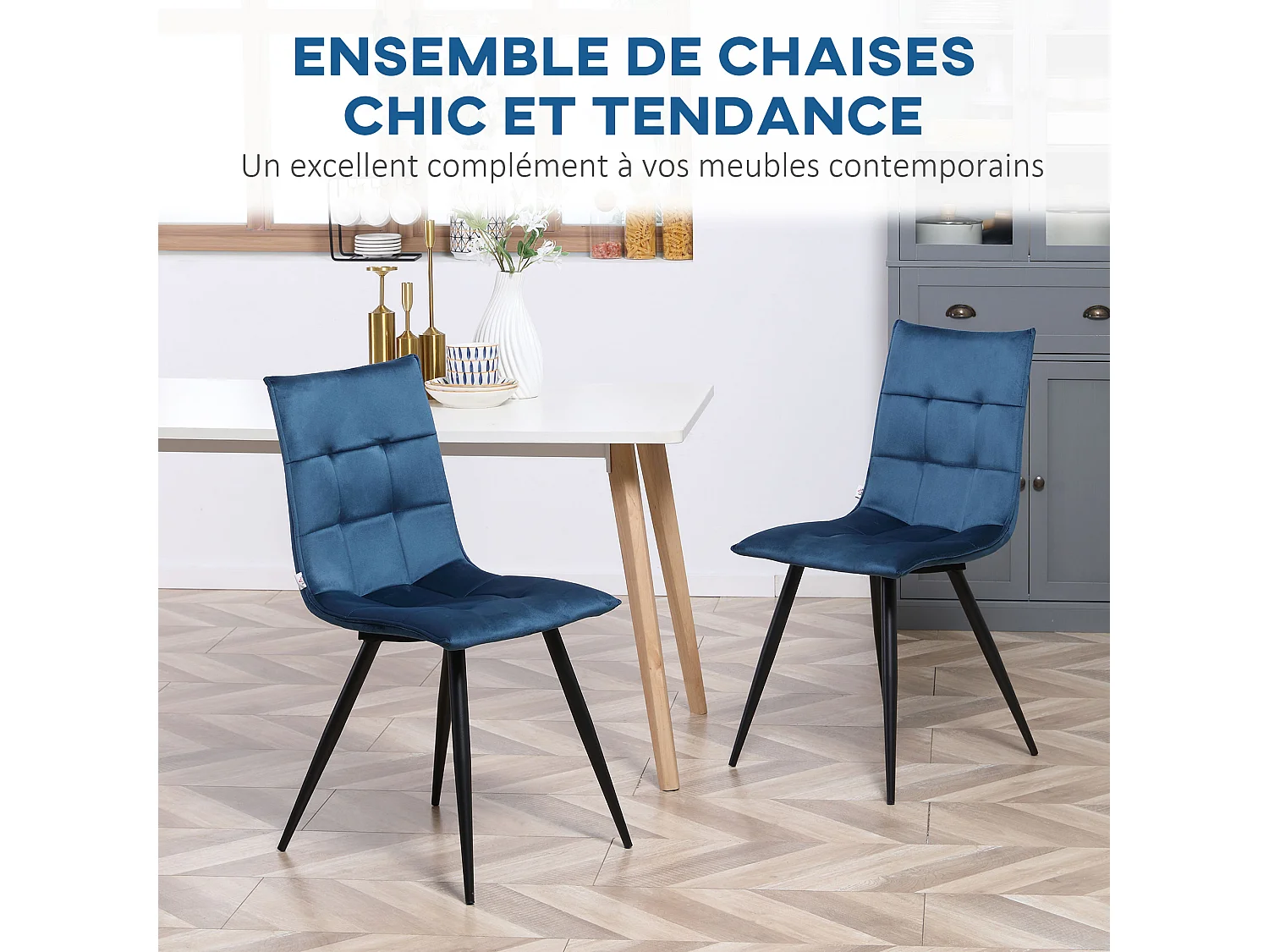 Lot de 2 chaises de salle à manger style chesterfield effet capitonné piètement acier noir velours bleu