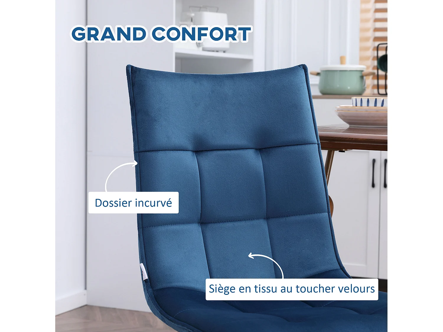 Lot de 2 chaises de salle à manger style chesterfield effet capitonné piètement acier noir velours bleu