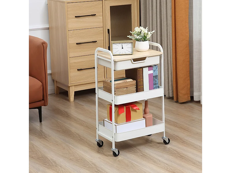 Desserte de cuisine chariot de service 2 étagères tiroir plateau aspect bois clair acier PP blanc