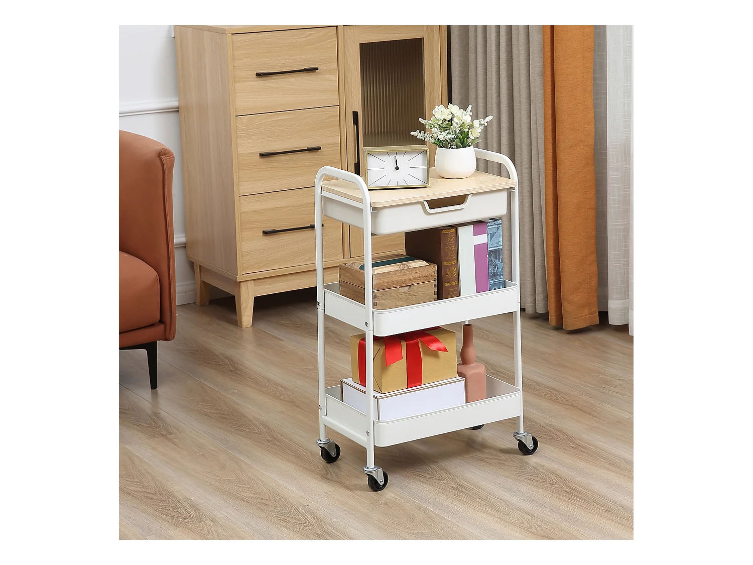 Desserte de cuisine chariot de service 2 étagères tiroir plateau aspect bois clair acier PP blanc