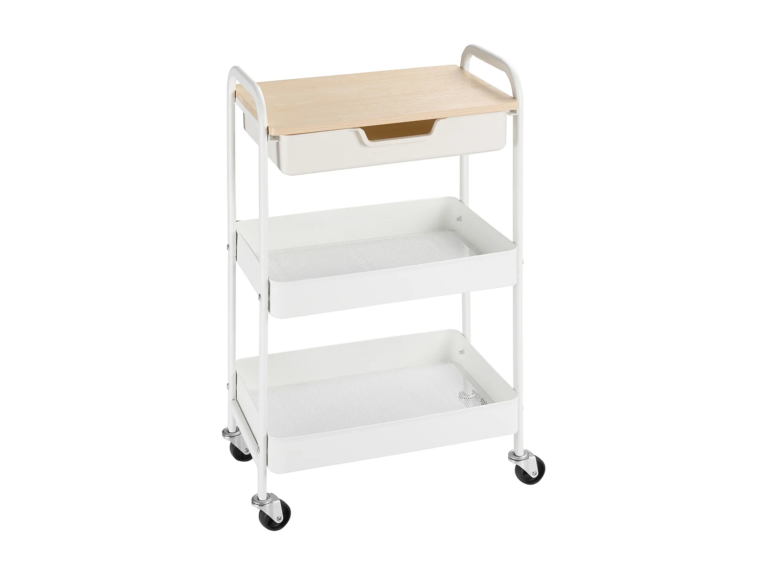 Desserte de cuisine chariot de service 2 étagères tiroir plateau aspect bois clair acier PP blanc