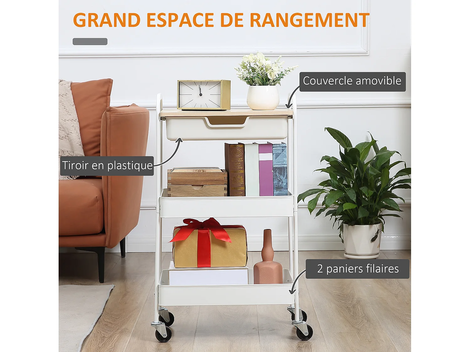 Desserte de cuisine chariot de service 2 étagères tiroir plateau aspect bois clair acier PP blanc