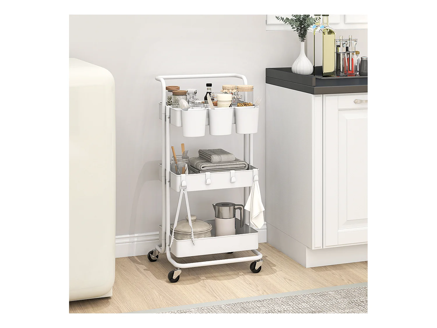 Desserte de cuisine - 3 étagères avec rebords - 4 crochets, 3 pots suspendus - acier ABS blanc