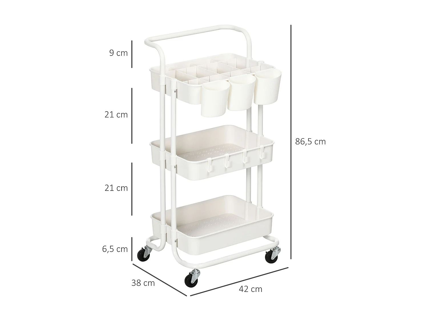 Desserte de cuisine - 3 étagères avec rebords - 4 crochets, 3 pots suspendus - acier ABS blanc