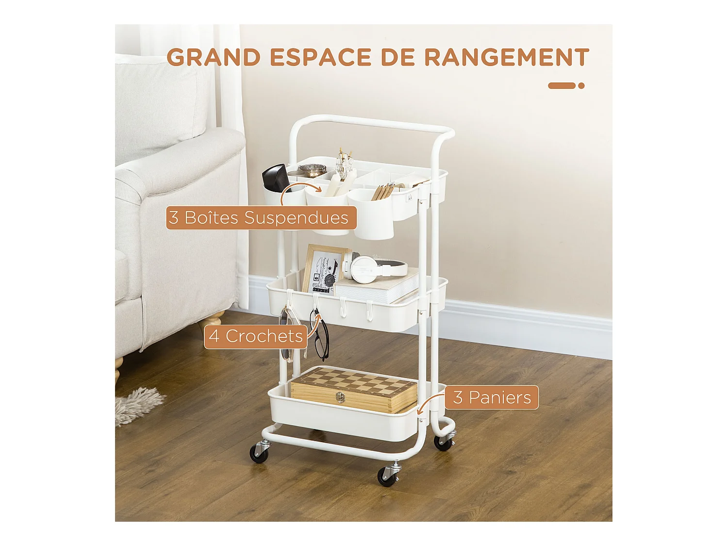 Desserte de cuisine - 3 étagères avec rebords - 4 crochets, 3 pots suspendus - acier ABS blanc