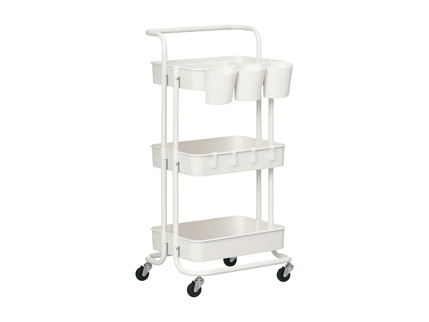 Desserte de cuisine - 3 étagères avec rebords - 4 crochets, 3 pots suspendus - acier ABS blanc