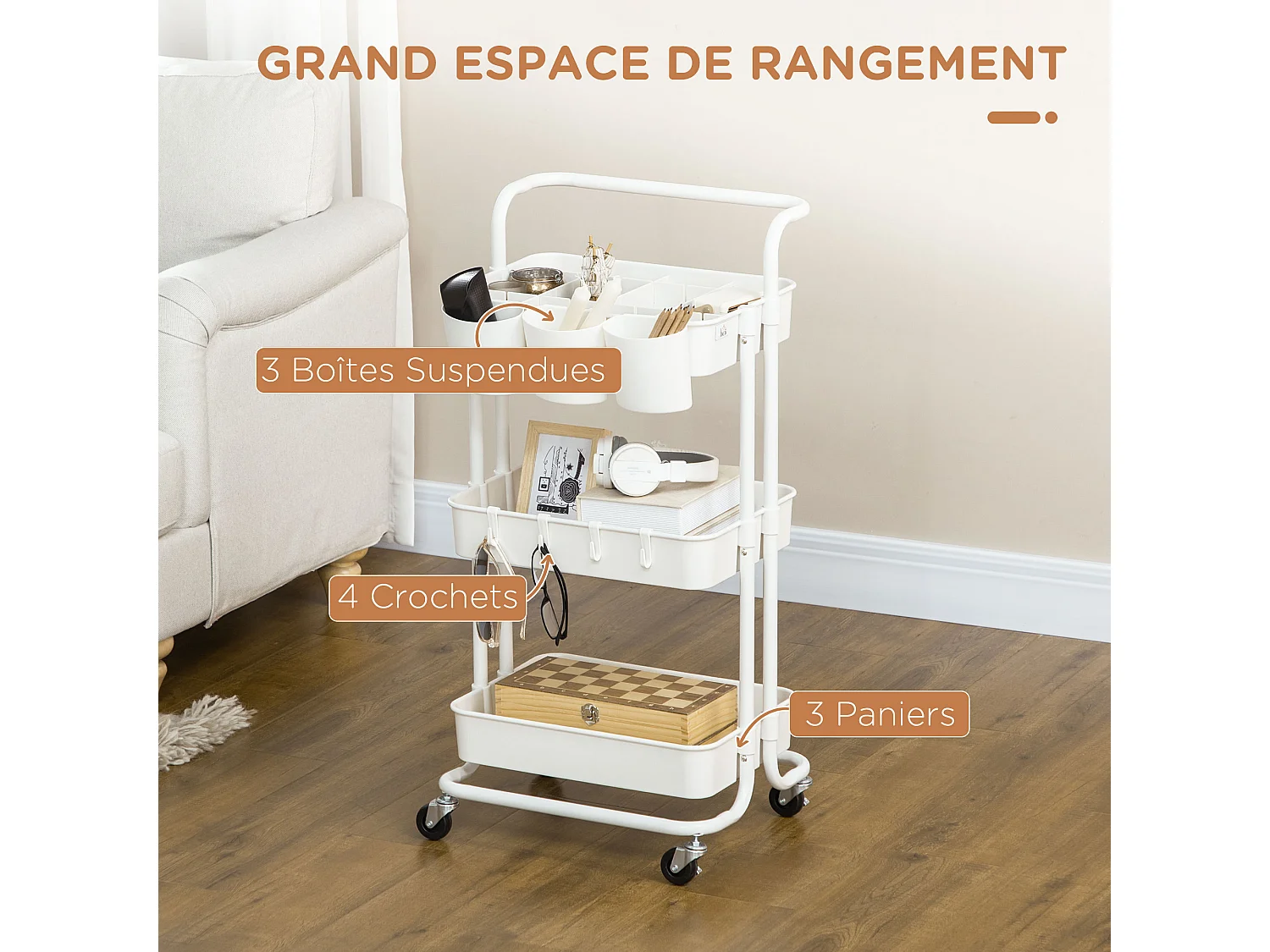 Desserte de cuisine - 3 étagères avec rebords - 4 crochets, 3 pots suspendus - acier ABS blanc