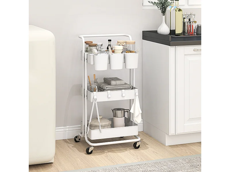 Desserte de cuisine - 3 étagères avec rebords - 4 crochets, 3 pots suspendus - acier ABS blanc