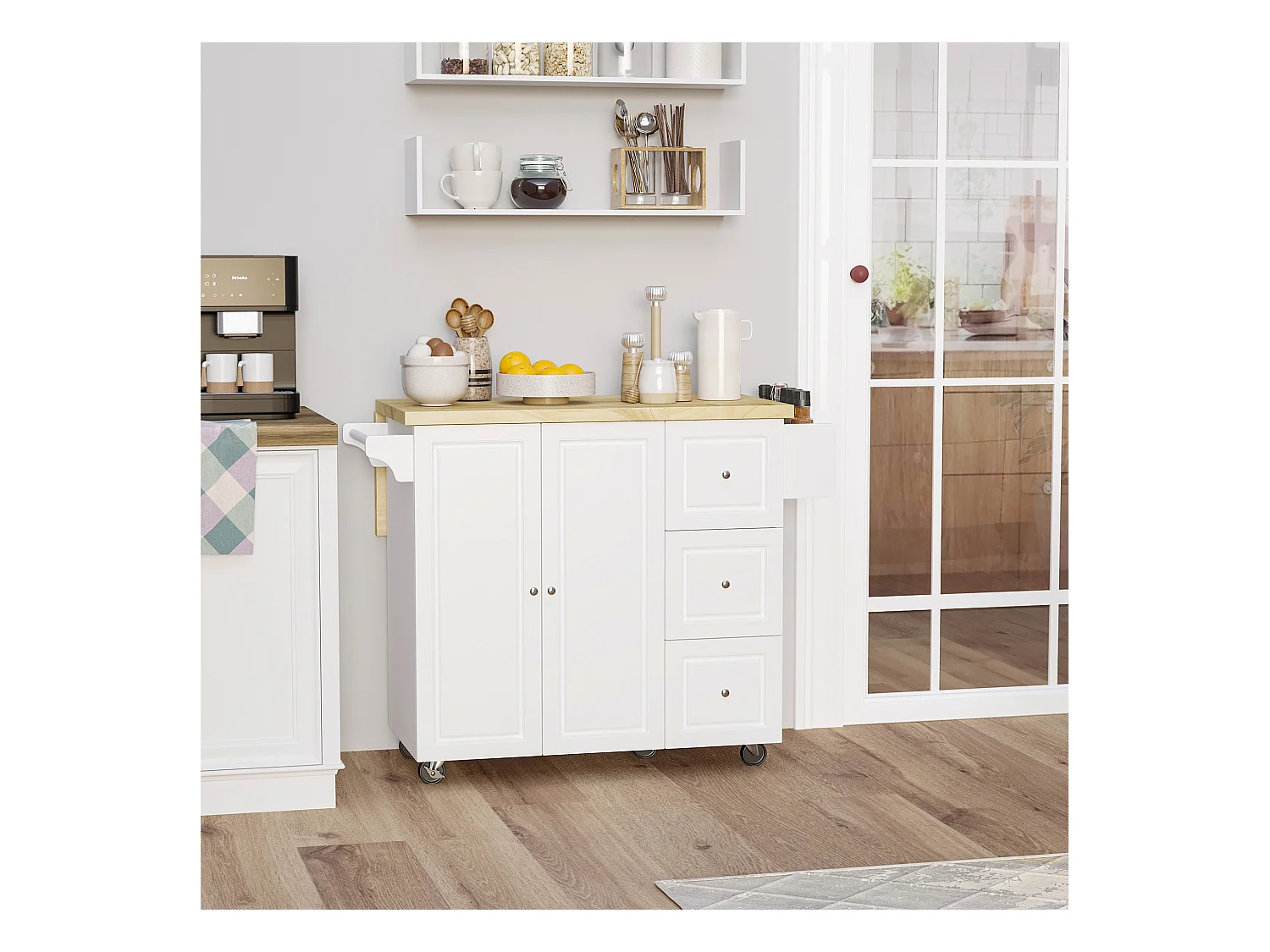 Desserte de cuisine multi rangement 3 tiroirs 2 portes avec étagère rack épices porte-torchons plateau rallonge hévéa MDF blanc