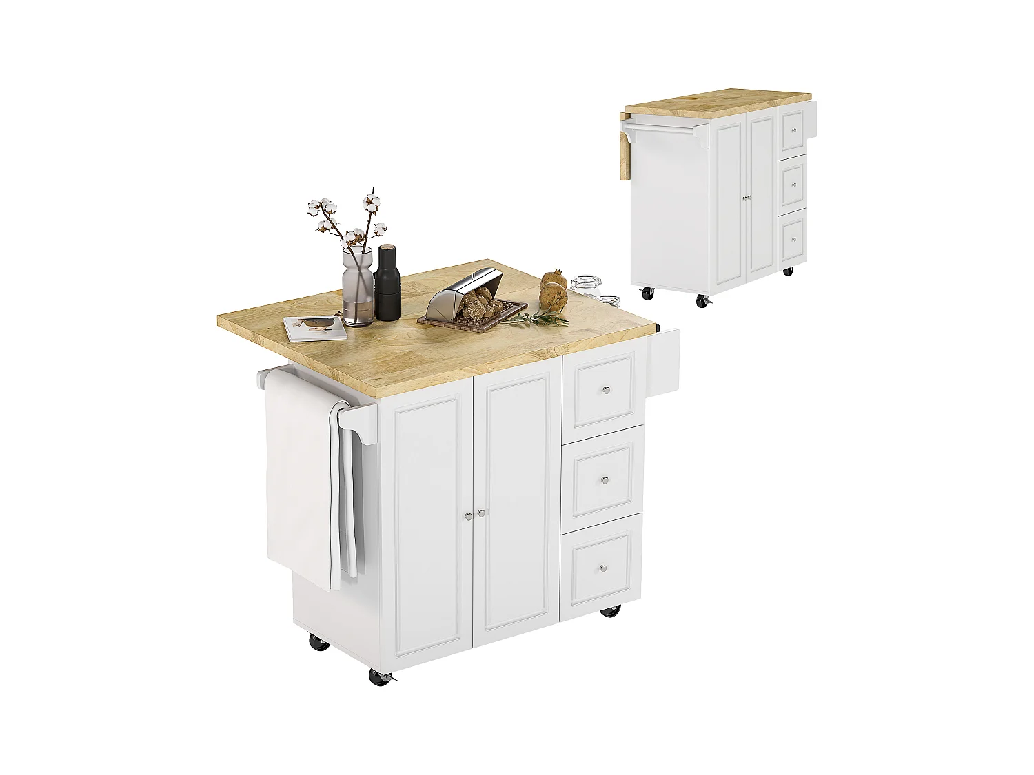 Desserte de cuisine multi rangement 3 tiroirs 2 portes avec étagère rack épices porte-torchons plateau rallonge hévéa MDF blanc