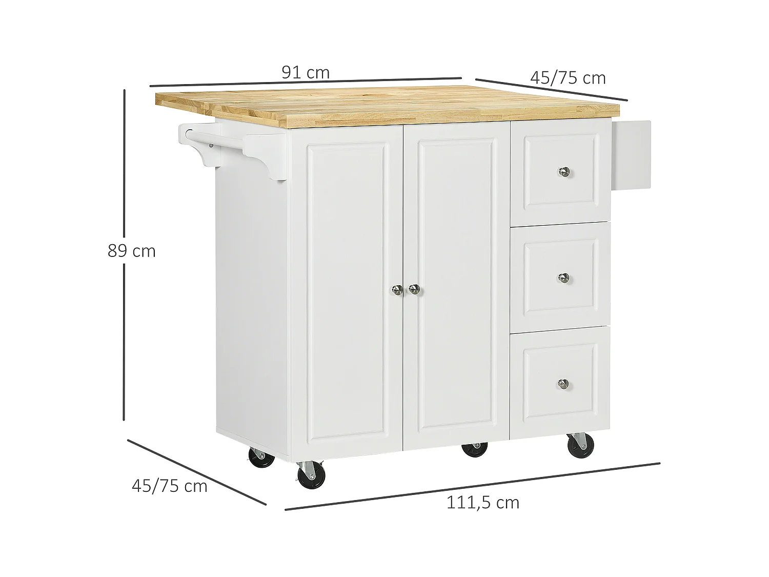 Desserte de cuisine multi rangement 3 tiroirs 2 portes avec étagère rack épices porte-torchons plateau rallonge hévéa MDF blanc