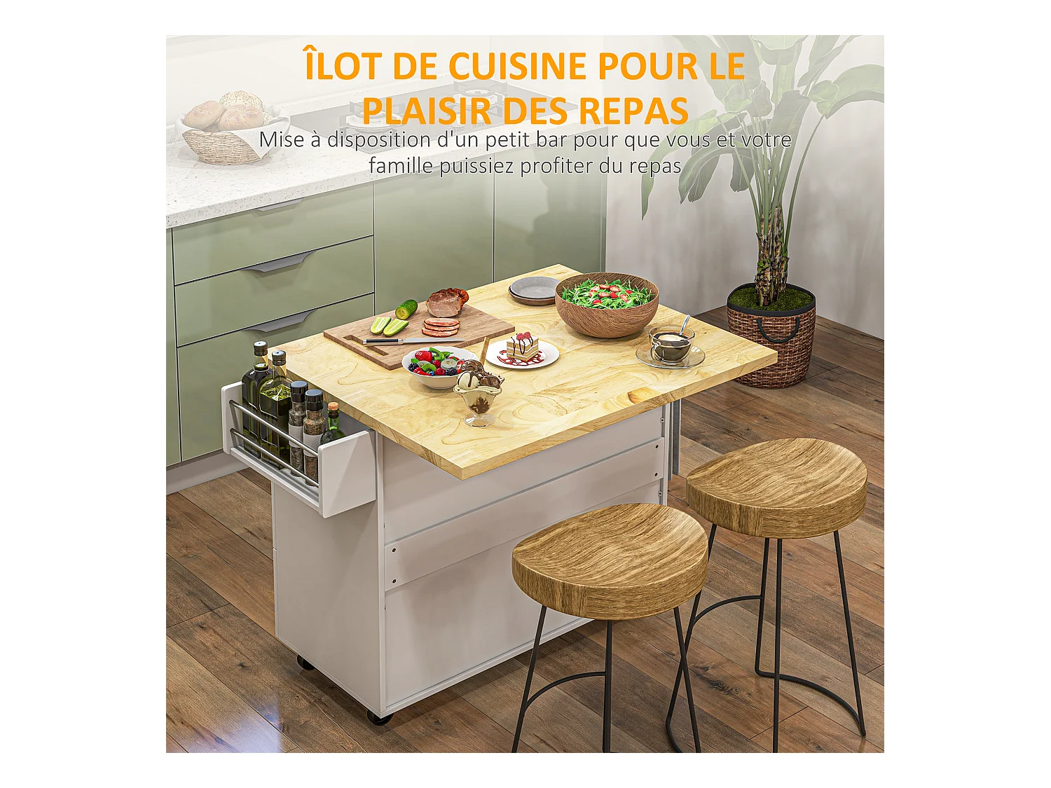 Desserte de cuisine multi rangement 3 tiroirs 2 portes avec étagère rack épices porte-torchons plateau rallonge hévéa MDF blanc