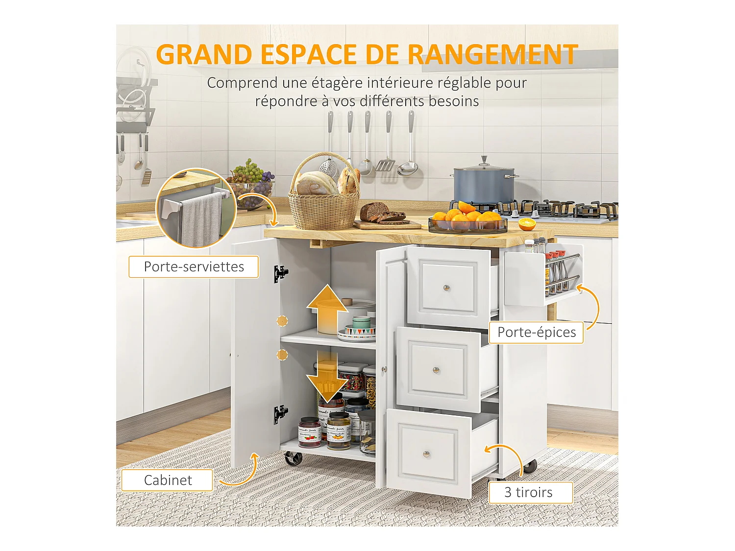 Desserte de cuisine multi rangement 3 tiroirs 2 portes avec étagère rack épices porte-torchons plateau rallonge hévéa MDF blanc