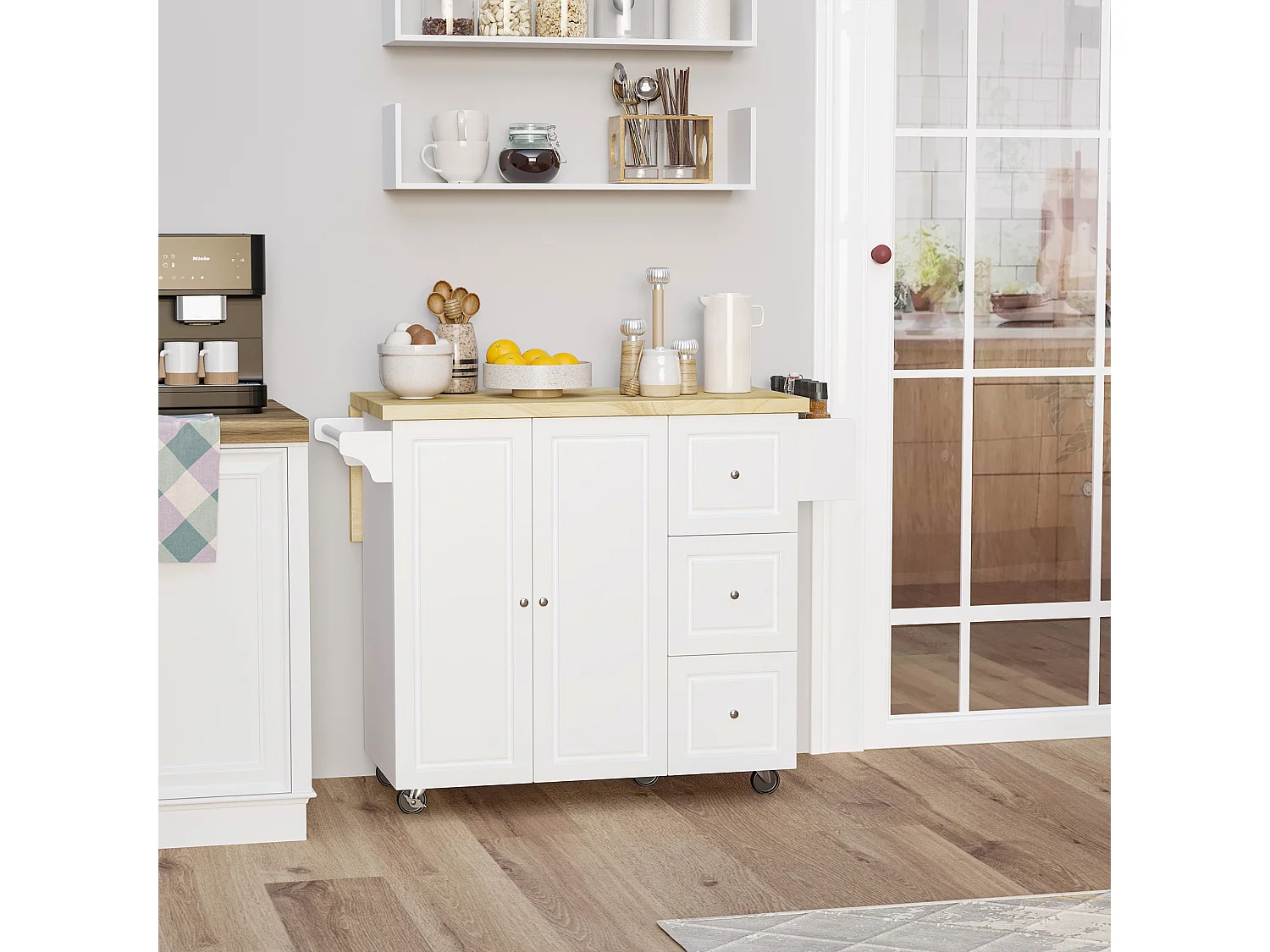 Desserte de cuisine multi rangement 3 tiroirs 2 portes avec étagère rack épices porte-torchons plateau rallonge hévéa MDF blanc
