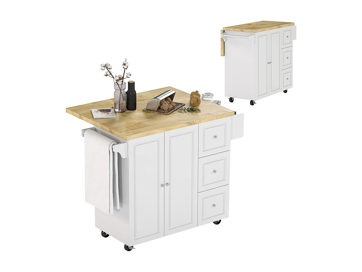 Desserte de cuisine multi rangement 3 tiroirs 2 portes avec étagère rack épices porte-torchons plateau rallonge hévéa MDF blanc