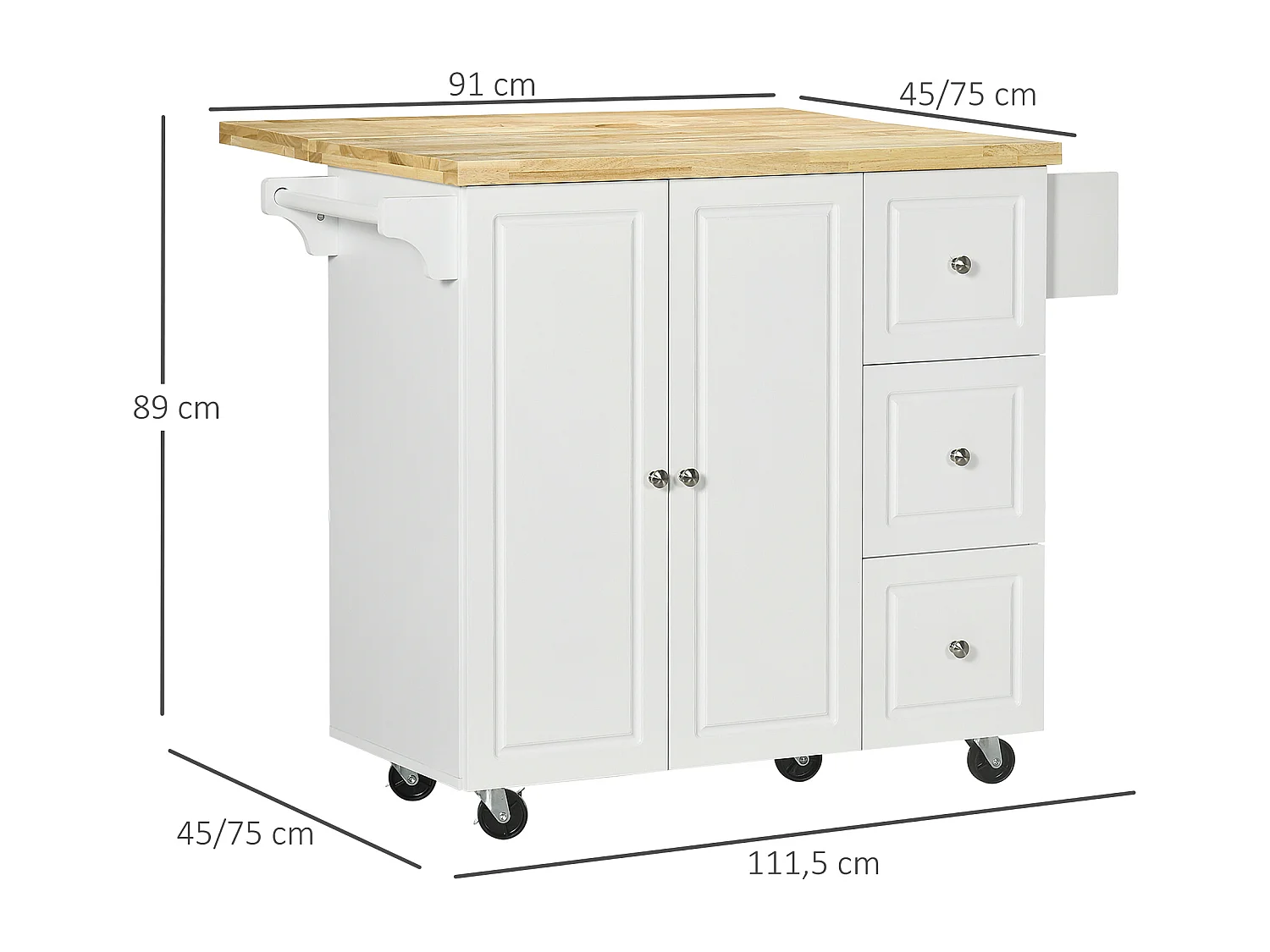 Desserte de cuisine multi rangement 3 tiroirs 2 portes avec étagère rack épices porte-torchons plateau rallonge hévéa MDF blanc