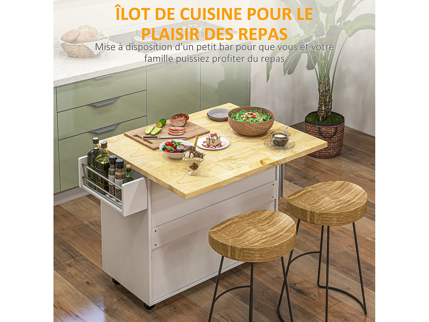 Desserte de cuisine multi rangement 3 tiroirs 2 portes avec étagère rack épices porte-torchons plateau rallonge hévéa MDF blanc