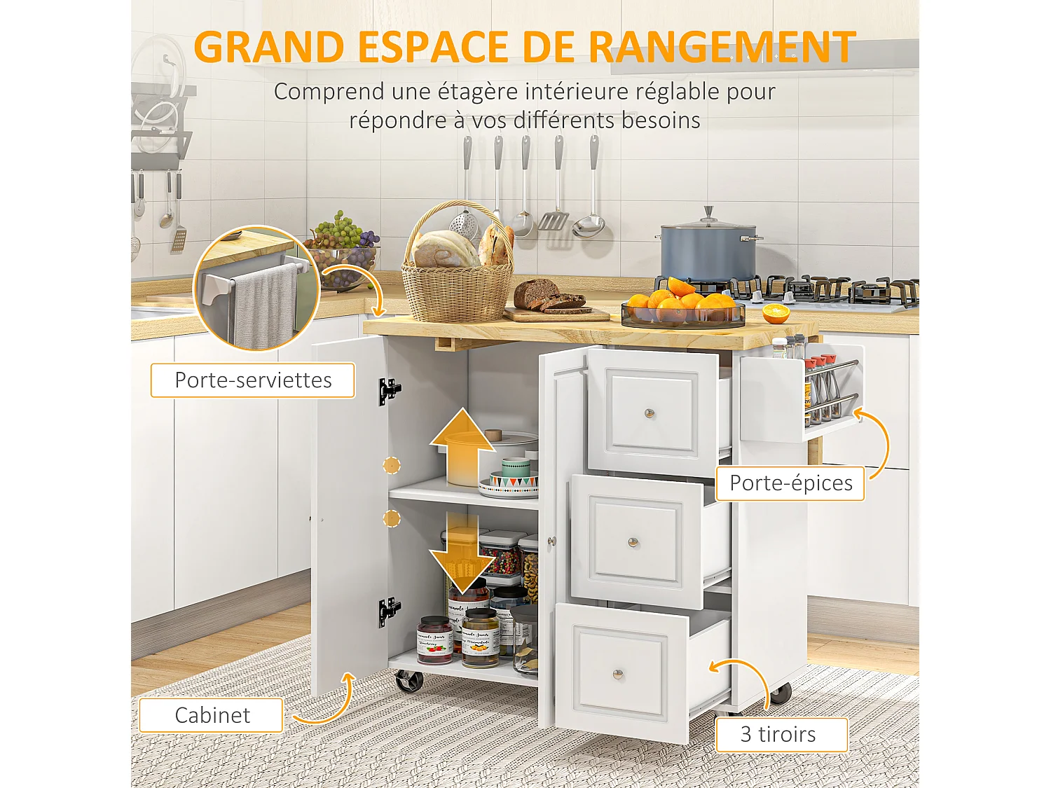 Desserte de cuisine multi rangement 3 tiroirs 2 portes avec étagère rack épices porte-torchons plateau rallonge hévéa MDF blanc