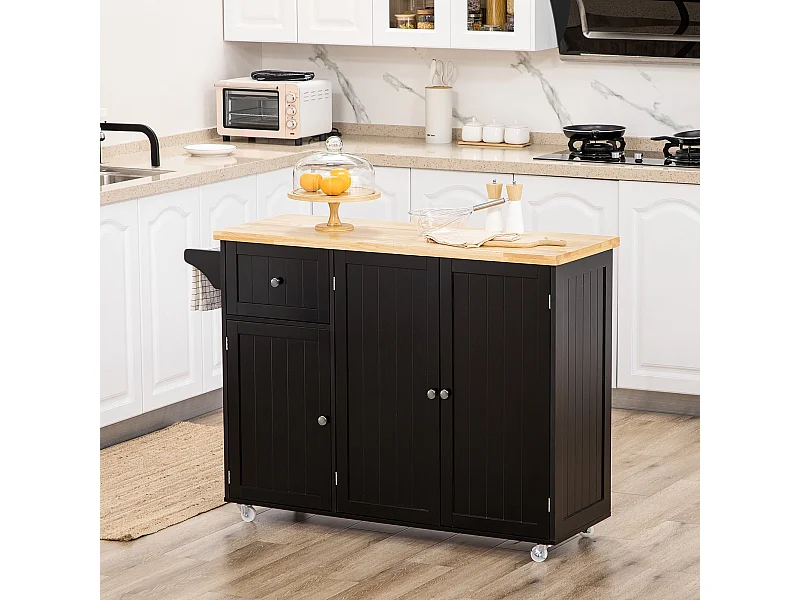 Desserte de cuisine multi rangement tiroir 3 portes avec étagère porte-torchons MDF noir hévéa