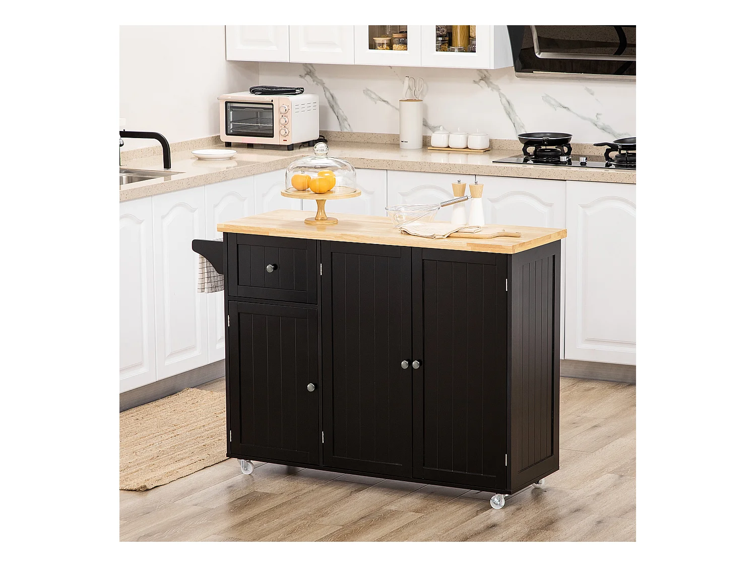Desserte de cuisine multi rangement tiroir 3 portes avec étagère porte-torchons MDF noir hévéa