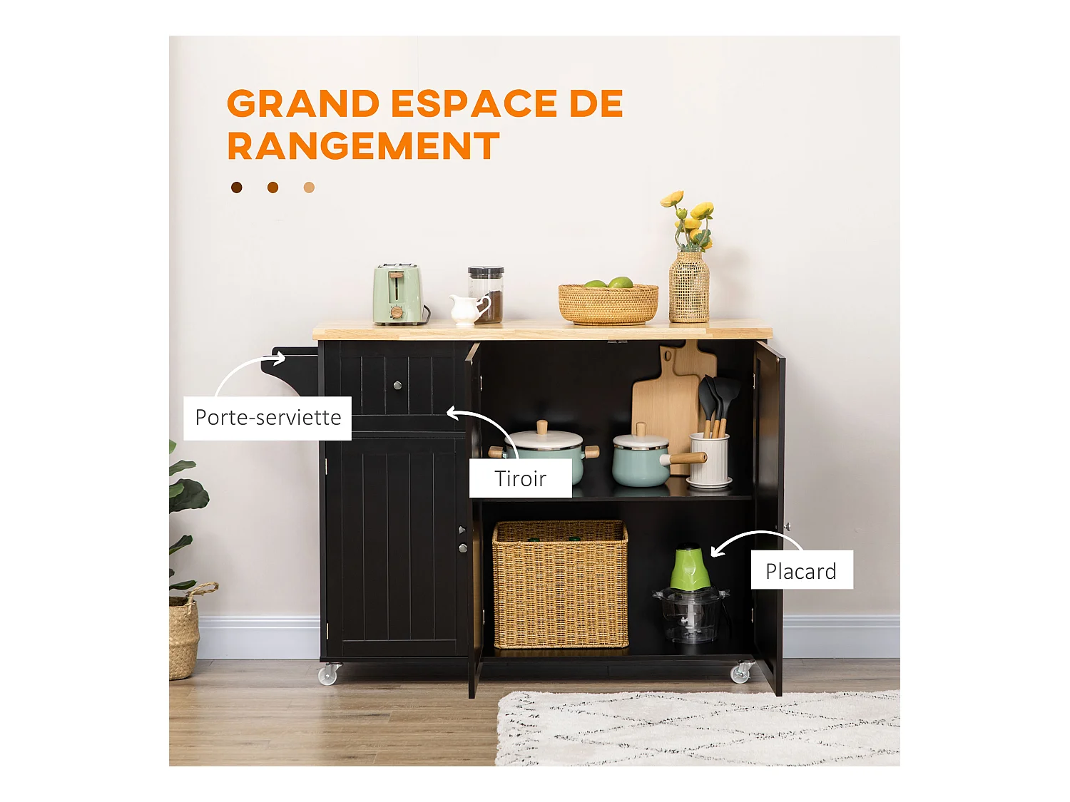 Desserte de cuisine multi rangement tiroir 3 portes avec étagère porte-torchons MDF noir hévéa