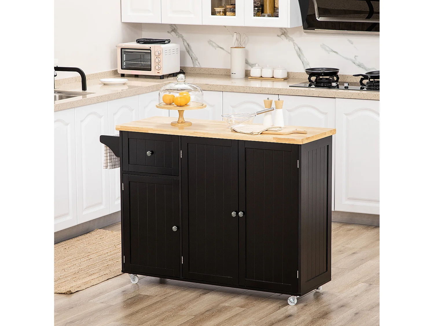 Desserte de cuisine multi rangement tiroir 3 portes avec étagère porte-torchons MDF noir hévéa