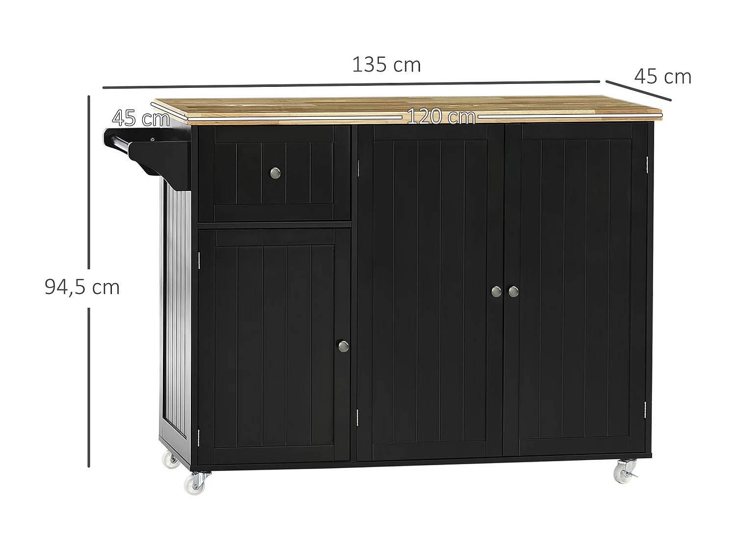 Desserte de cuisine multi rangement tiroir 3 portes avec étagère porte-torchons MDF noir hévéa