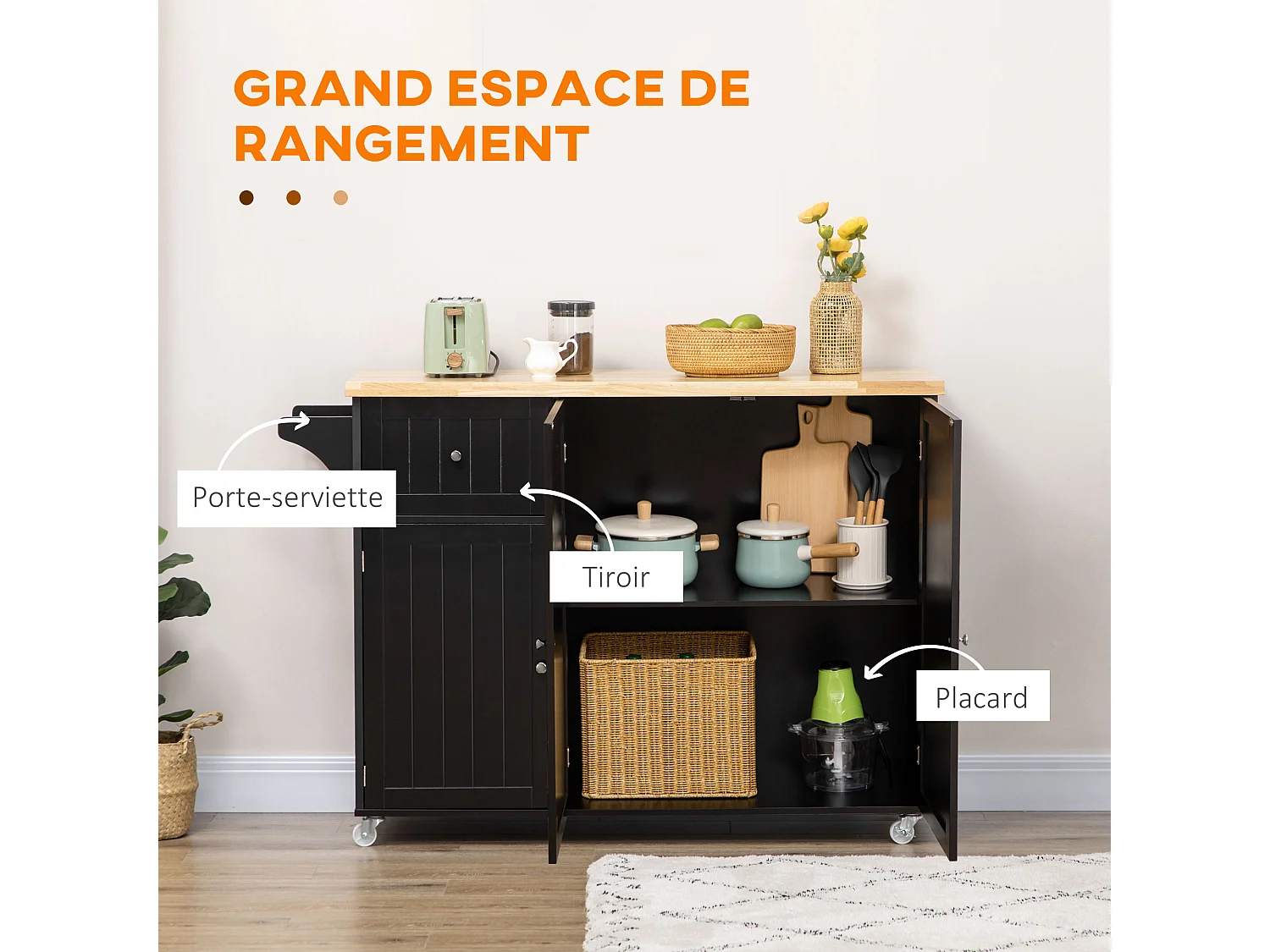 Desserte de cuisine multi rangement tiroir 3 portes avec étagère porte-torchons MDF noir hévéa