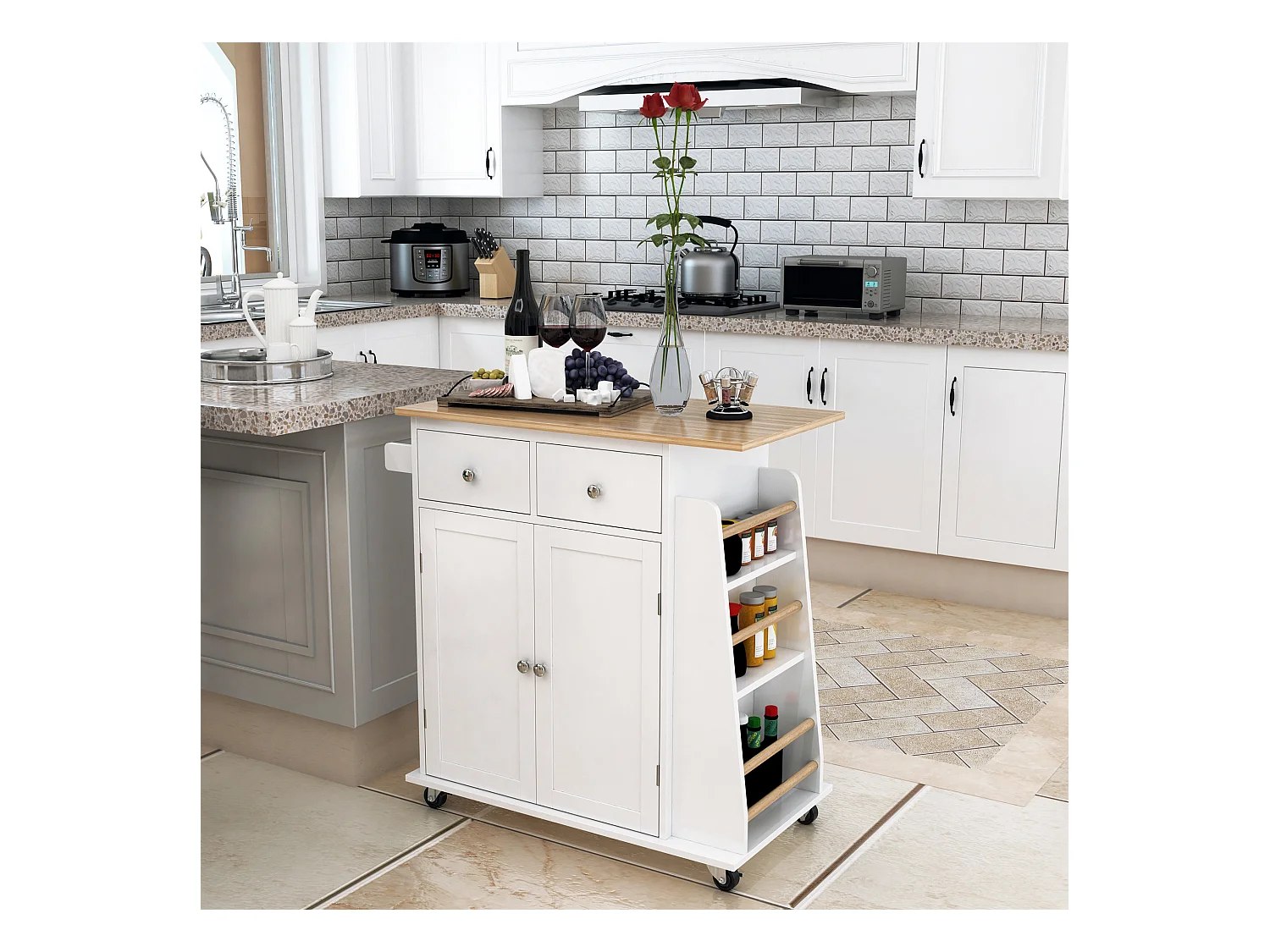 Desserte de cuisine multi rangements 2 tiroirs placard 2 portes avec étagère 3 range-bouteilles porte-torchons MDF blanc hévéa
