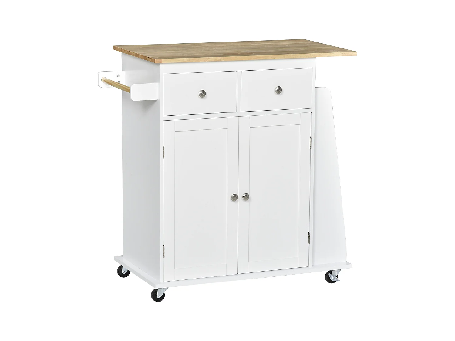 Desserte de cuisine multi rangements 2 tiroirs placard 2 portes avec étagère 3 range-bouteilles porte-torchons MDF blanc hévéa