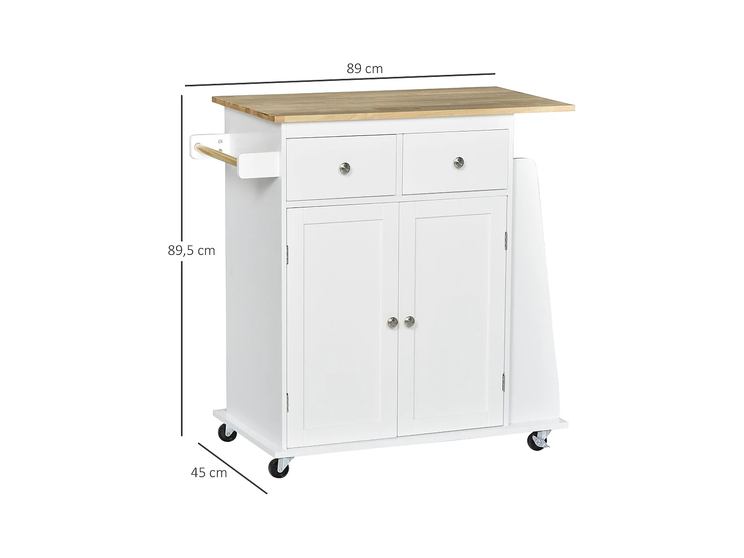 Desserte de cuisine multi rangements 2 tiroirs placard 2 portes avec étagère 3 range-bouteilles porte-torchons MDF blanc hévéa