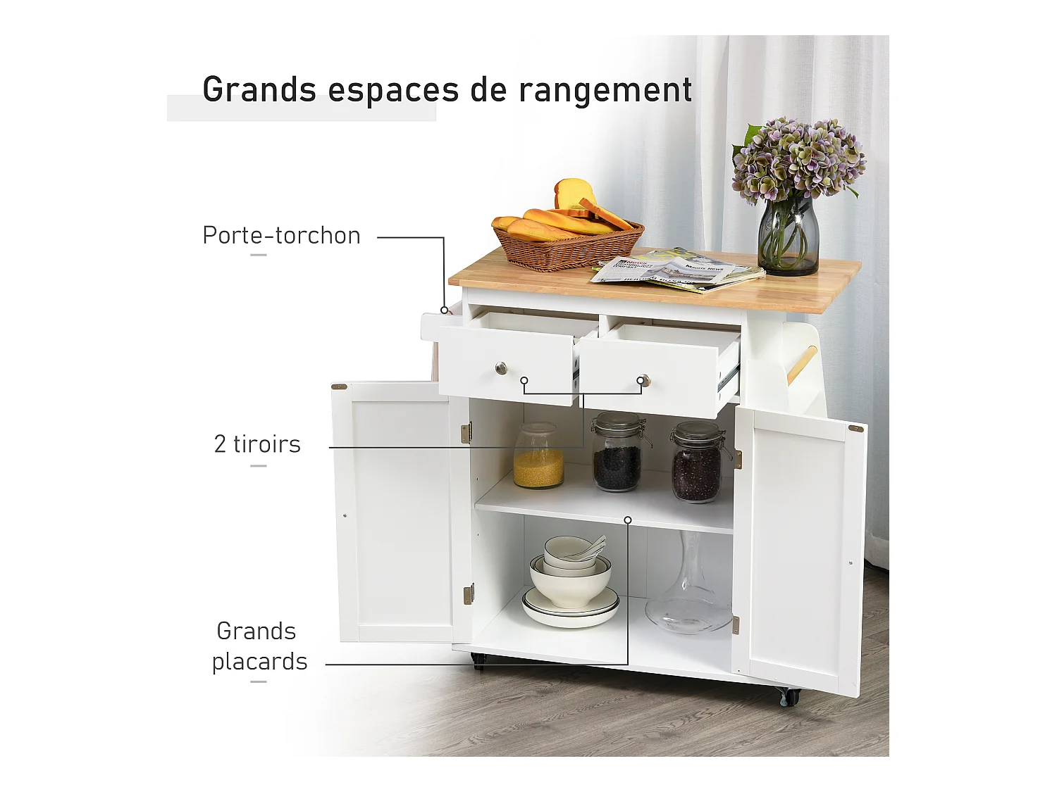Desserte de cuisine multi rangements 2 tiroirs placard 2 portes avec étagère 3 range-bouteilles porte-torchons MDF blanc hévéa