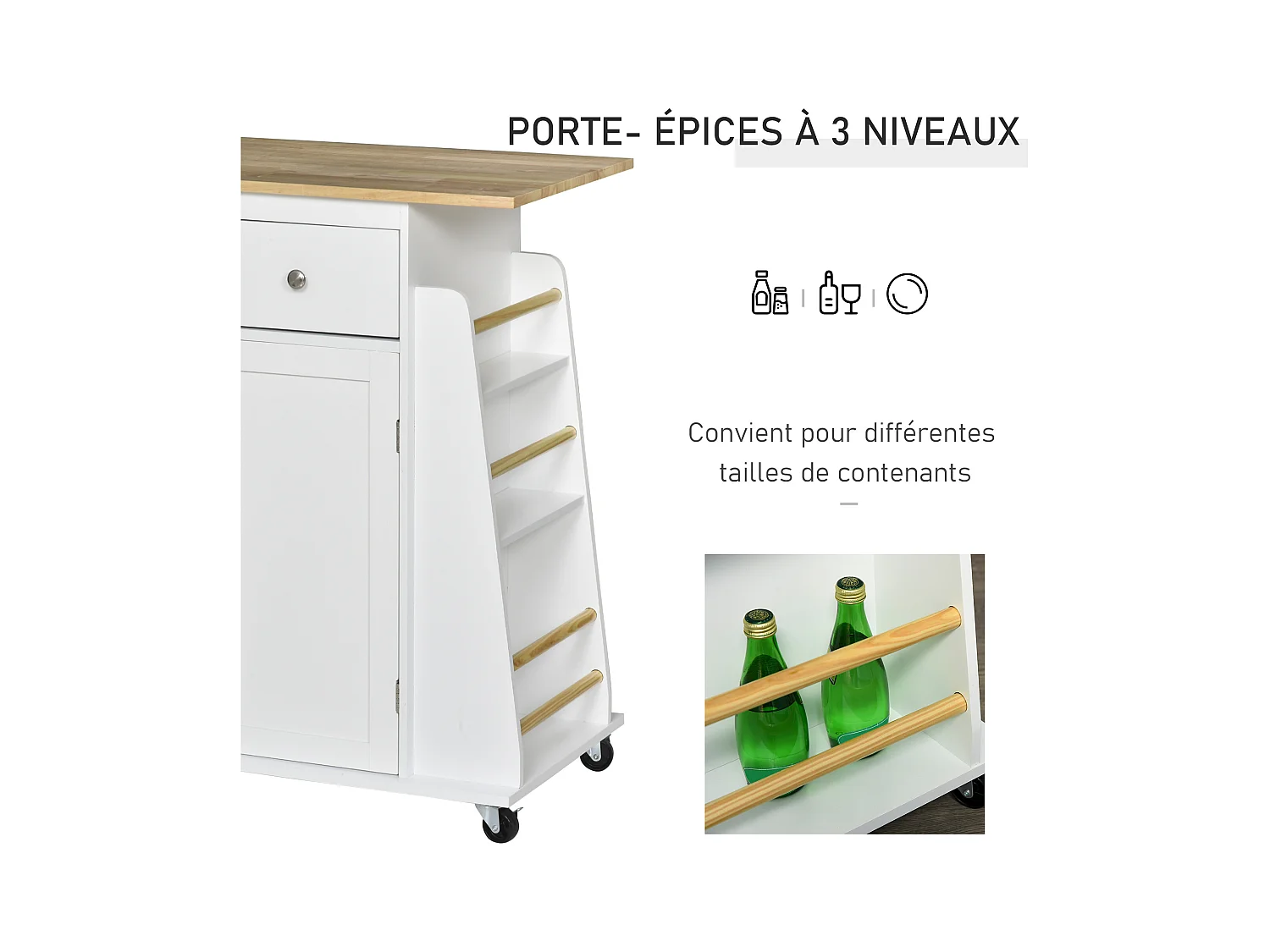 Desserte de cuisine multi rangements 2 tiroirs placard 2 portes avec étagère 3 range-bouteilles porte-torchons MDF blanc hévéa