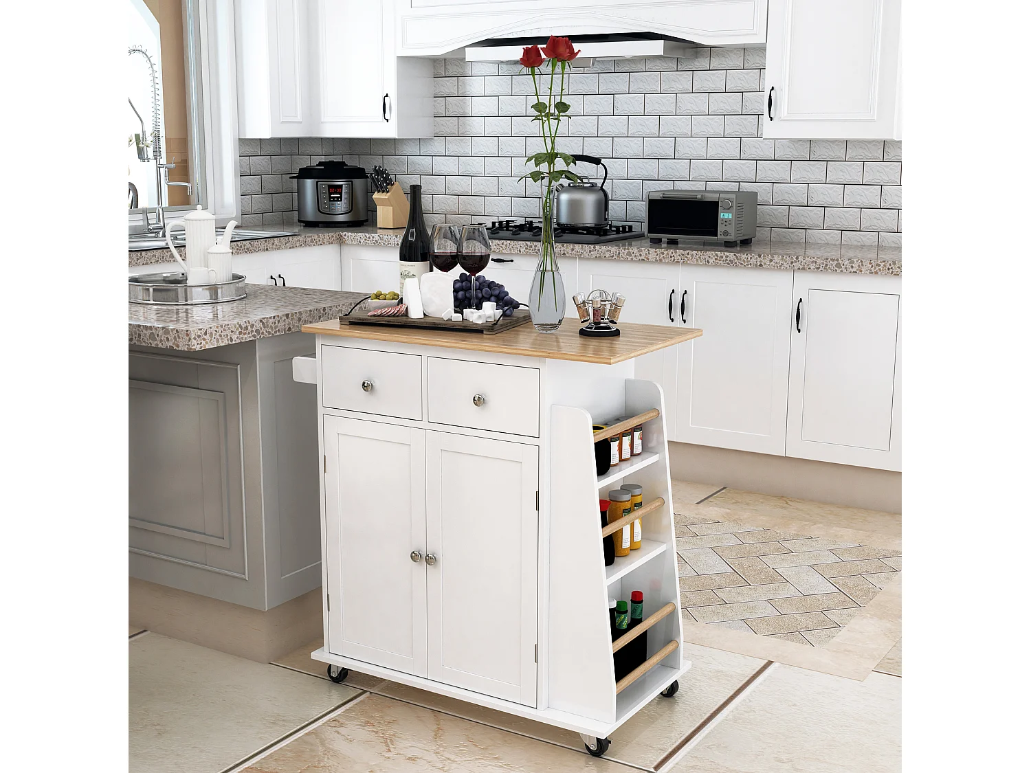 Desserte de cuisine multi rangements 2 tiroirs placard 2 portes avec étagère 3 range-bouteilles porte-torchons MDF blanc hévéa