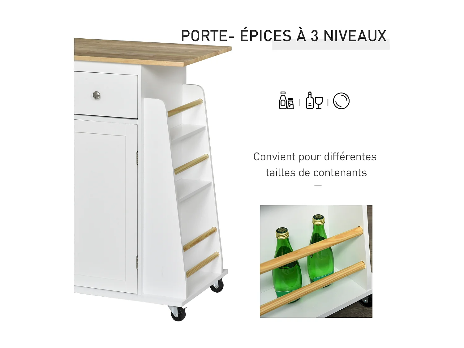 Desserte de cuisine multi rangements 2 tiroirs placard 2 portes avec étagère 3 range-bouteilles porte-torchons MDF blanc hévéa