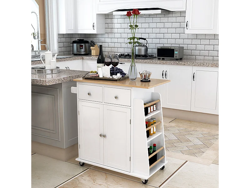 Desserte de cuisine multi rangements 2 tiroirs placard 2 portes avec étagère 3 range-bouteilles porte-torchons MDF blanc hévéa
