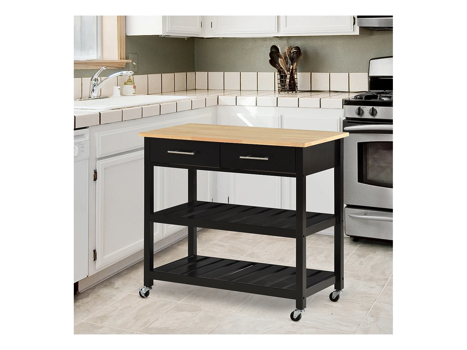 HOMCOM Chariot de service desserte de cuisine à roulettes 2 étagères 2 tiroirs noir bois naturel