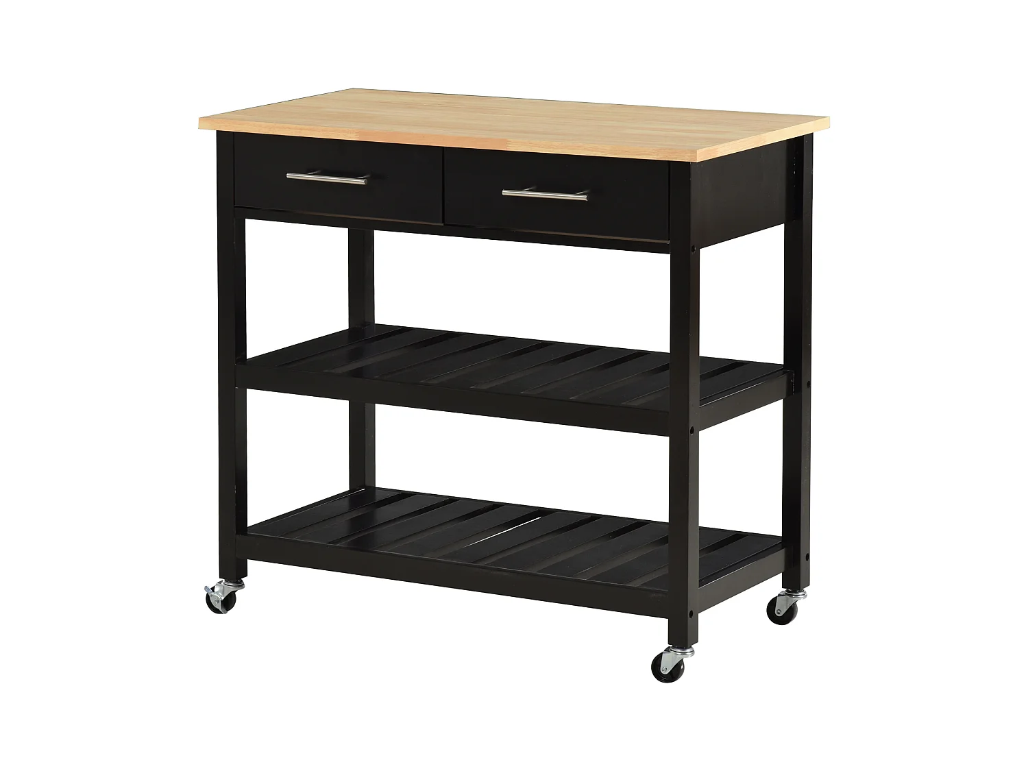 HOMCOM Chariot de service desserte de cuisine à roulettes 2 étagères 2 tiroirs noir bois naturel