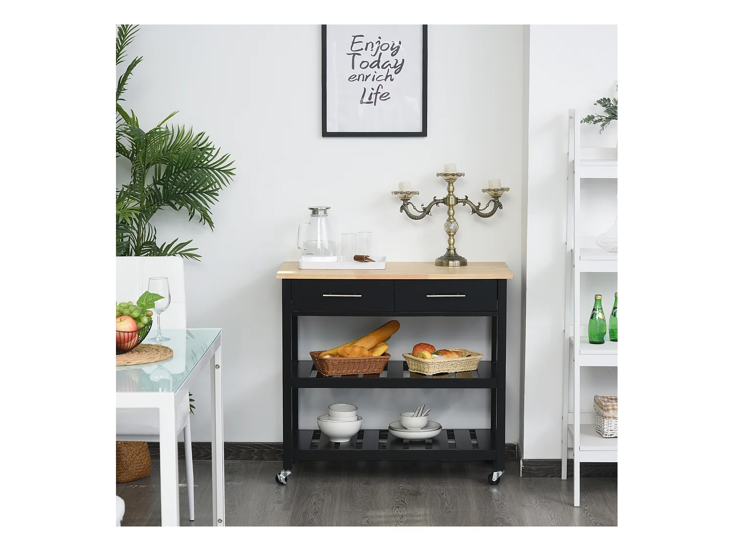 HOMCOM Chariot de service desserte de cuisine à roulettes 2 étagères 2 tiroirs noir bois naturel