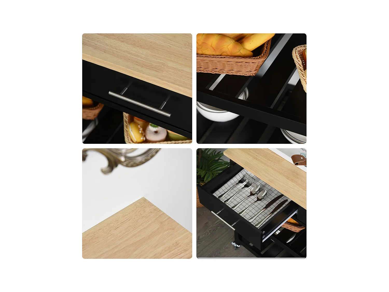 HOMCOM Chariot de service desserte de cuisine à roulettes 2 étagères 2 tiroirs noir bois naturel