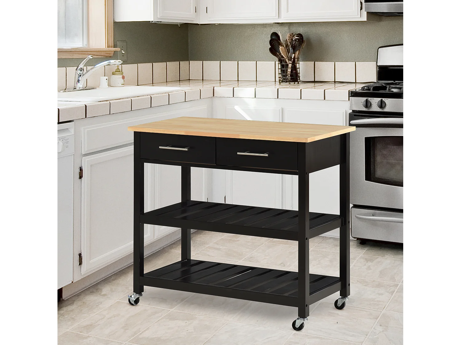 HOMCOM Chariot de service desserte de cuisine à roulettes 2 étagères 2 tiroirs noir bois naturel