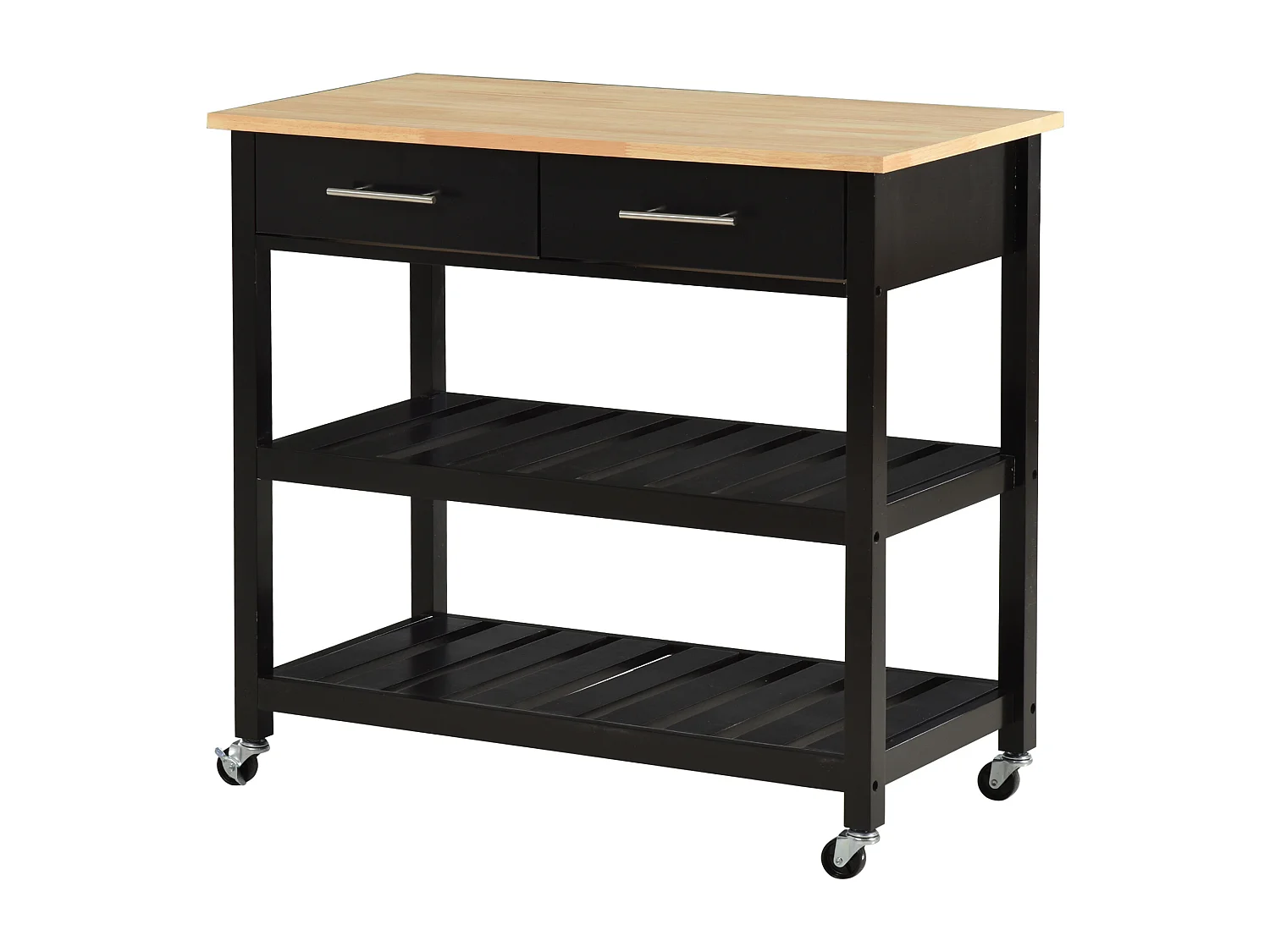 HOMCOM Chariot de service desserte de cuisine à roulettes 2 étagères 2 tiroirs noir bois naturel