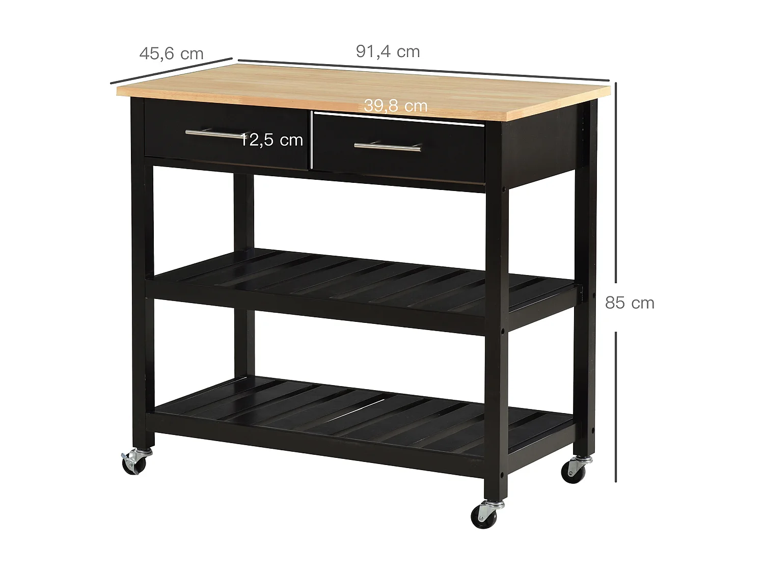 HOMCOM Chariot de service desserte de cuisine à roulettes 2 étagères 2 tiroirs noir bois naturel