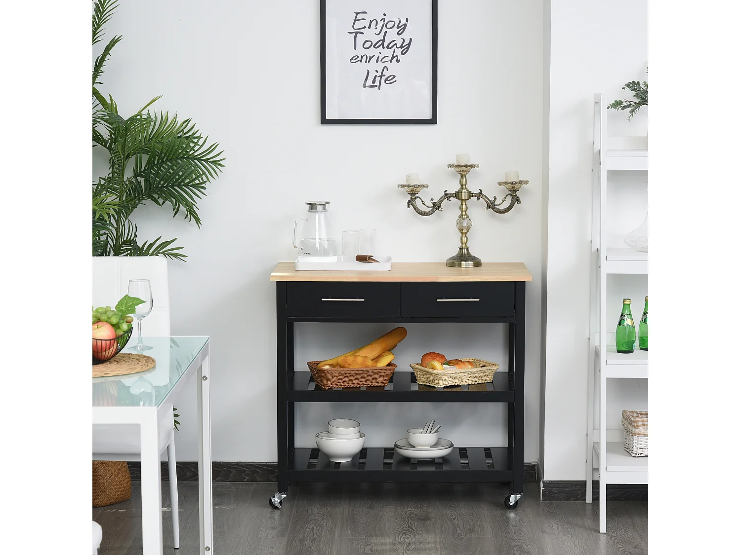 HOMCOM Chariot de service desserte de cuisine à roulettes 2 étagères 2 tiroirs noir bois naturel