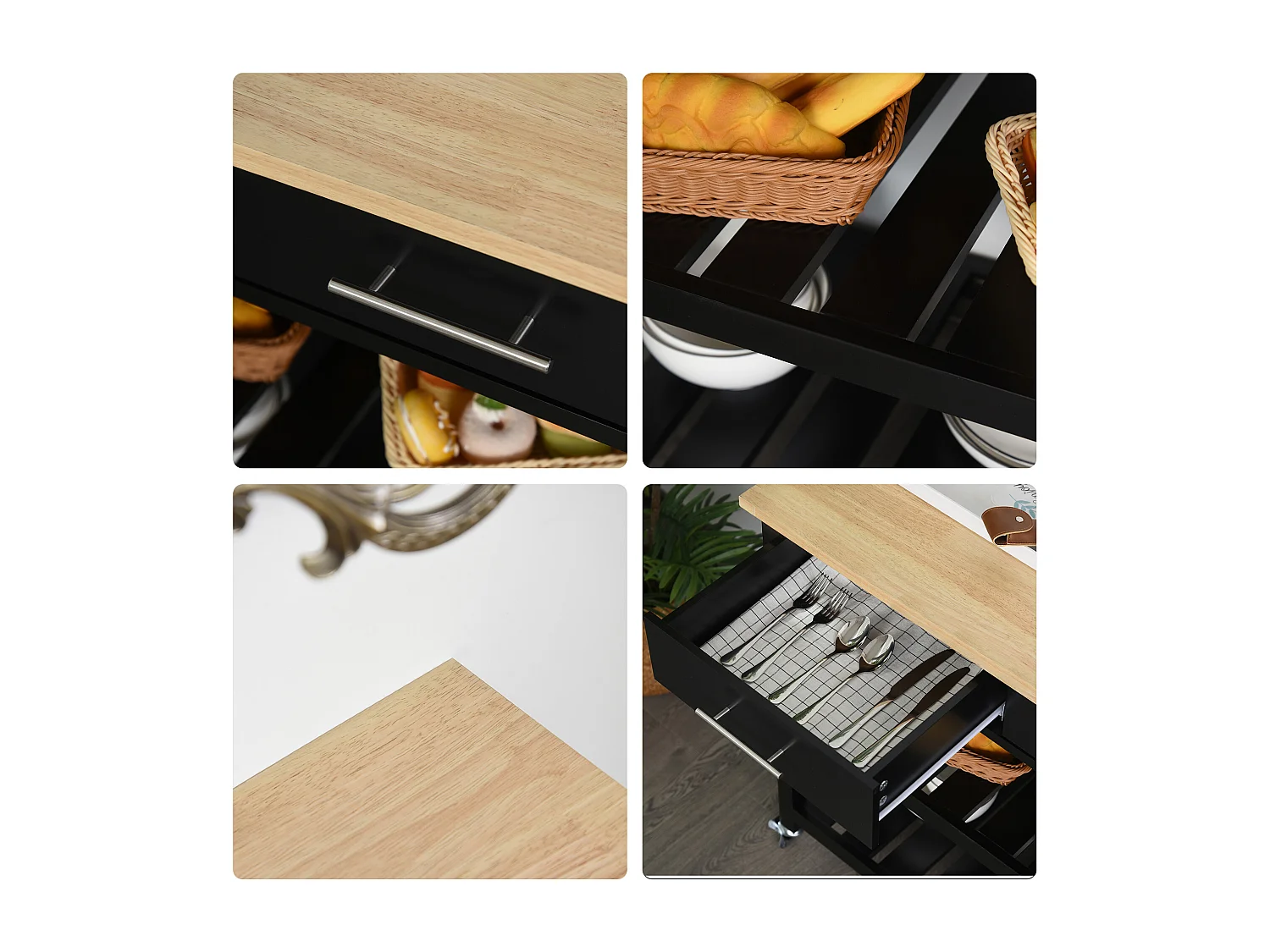 HOMCOM Chariot de service desserte de cuisine à roulettes 2 étagères 2 tiroirs noir bois naturel